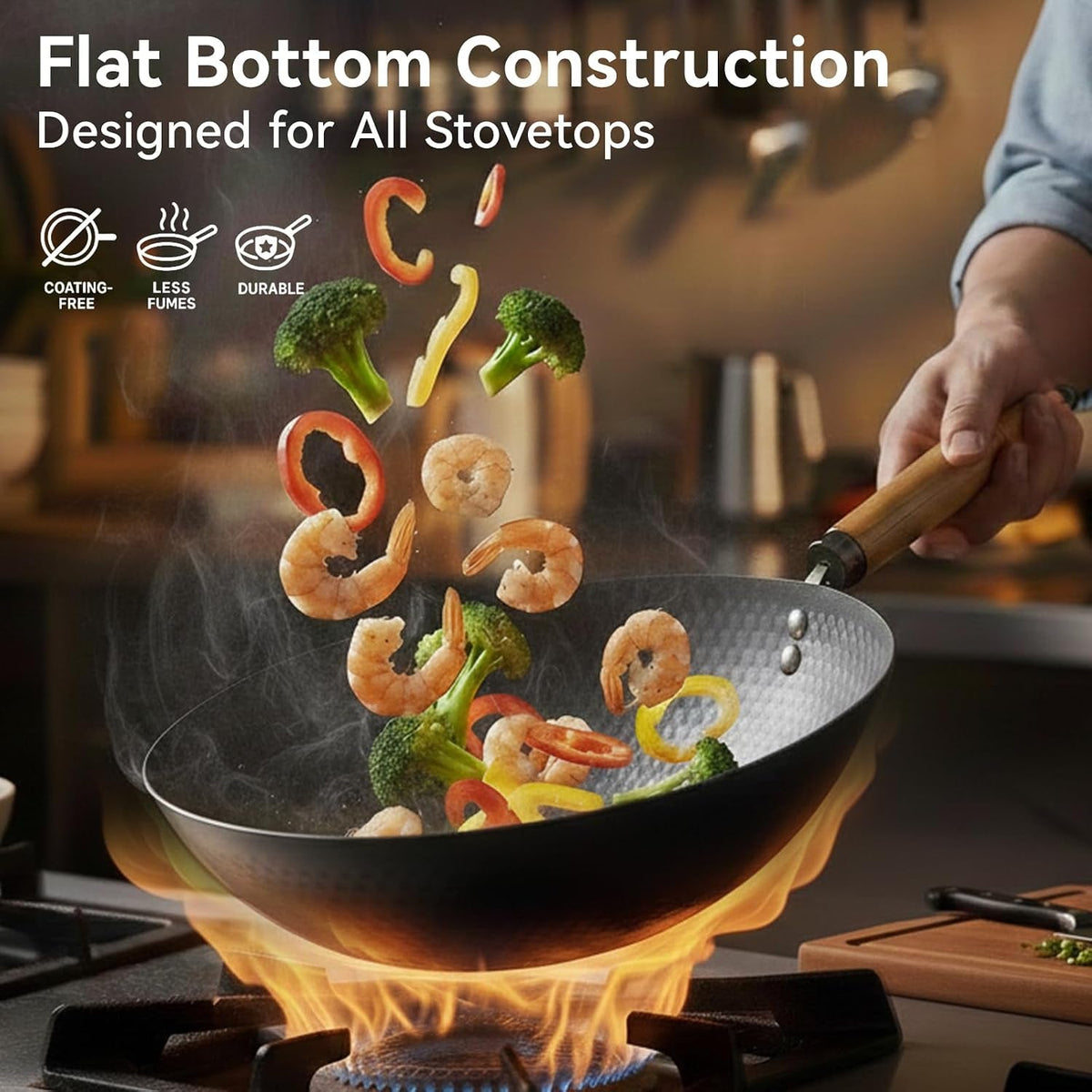 carbon-steel-wok-pan-with-lid-12-6-hammered-stir-fry-pan-thickened-heavy-duty-flat-bottom-wok-for-electric-induction-gas-stoves-detachable-wood-handle-no-chemical-coating-black