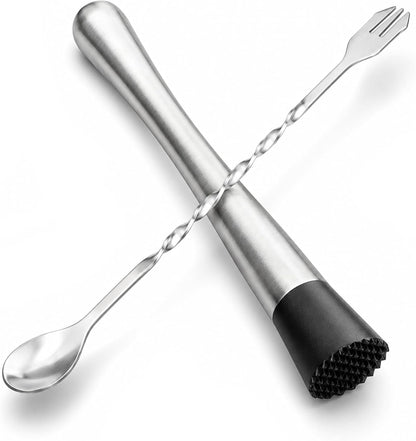 10 Inch Stainless Steel Muddler for Cocktail and 10 Inch Mixing Bar Spoon, 2 Pices Home Bar Tool Set | Stainless Steel Bar Muddler for Drink 2 Pcs Home Bar Tool Set for Mojitos Fruit Drinks, Sturdy Rust Proof1