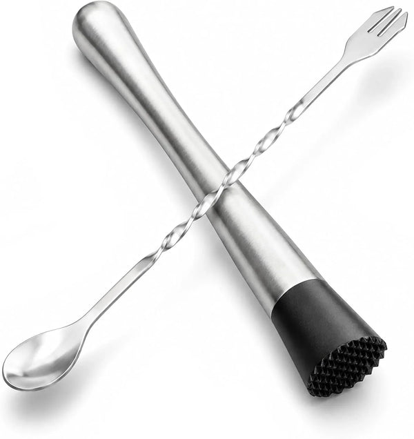10 Inch Stainless Steel Muddler for Cocktail and 10 Inch Mixing Bar Spoon, 2 Pices Home Bar Tool Set | Stainless Steel Bar Muddler for Drink 2 Pcs Home Bar Tool Set for Mojitos Fruit Drinks, Sturdy Rust Proof1