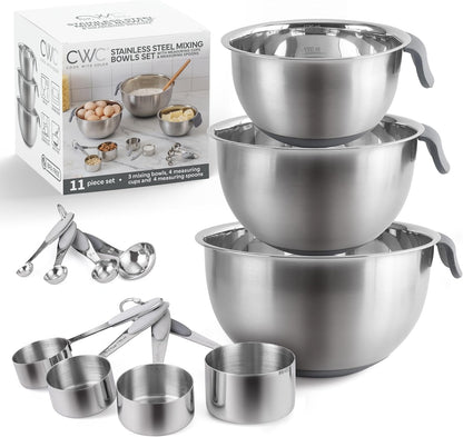 Stainless Steel Mixing Bowls Set and Measuring Cups - Nesting Bowls with Non-Slip Bottom and Easy-Grip Handles, Grey, 11 Pieces1