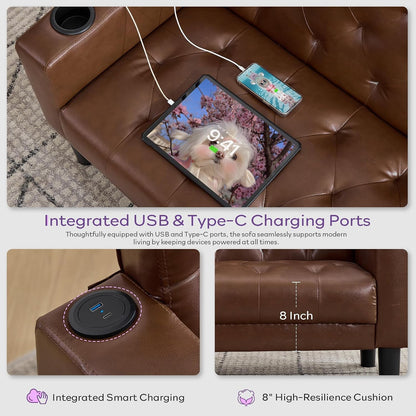 62'' Brown Leather Loveseat, Small Couch with USB for Living Room5