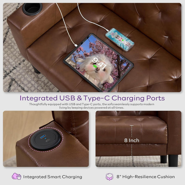 62'' Brown Leather Loveseat, Small Couch with USB for Living Room5