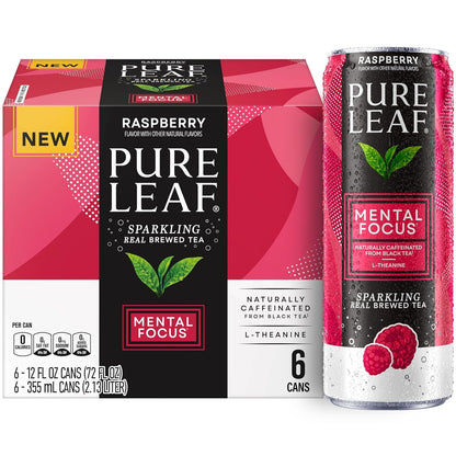 Pure Leaf Mental Focus Sparkling Real Brewed Iced Tea, Raspberry, 12 Fl Oz Cans (6 Pack), Caffeine, L Theanine, Zero Sugar, Zero Calories1