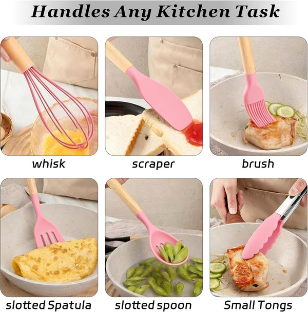 19 Piece Kitchen Utensil Set with Knife Set & Holder, Silicone Cooking Utensil Set with Wooden Handle, Heat Resistant Kitchen Tools Set for Nonstick Cookware Pink5