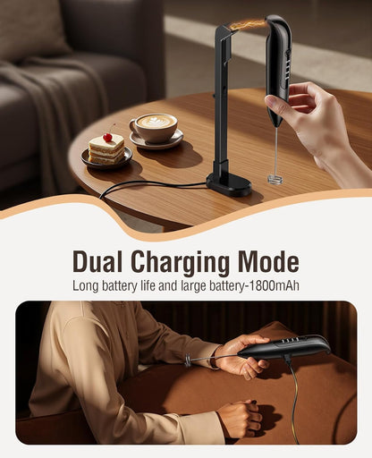 Electric Milk Frother: Led&Wireless Charging, 3 Heads 3 Speeds | Coffee Handheld Frother with 1800Mah 6-Hour Battery - Magnetic Wireless Charging Stand, 3-Speed for Latte - No Dead Battery5