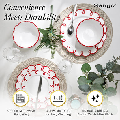 12-Piece Stoneware Dinnerware Set for 4, Glossy White Plates and Bowls Sets with Red Scalloped Rims, Premium Dish Set, Dishes for Hosting Parties, Birthday & Wedding Gifts, Splash of Cheers6