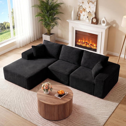 110" Boneless Cloud Sectional Couch for Living Room, L Shaped 3 Seater Modular Corduroy Sofa with Chaise, Deep Seated Oversized Boneless Couches, Compressed Sofa in a Box, No Assembly, Black1