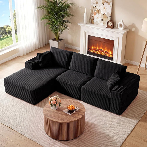 110" Boneless Cloud Sectional Couch for Living Room, L Shaped 3 Seater Modular Corduroy Sofa with Chaise, Deep Seated Oversized Boneless Couches, Compressed Sofa in a Box, No Assembly, Black1