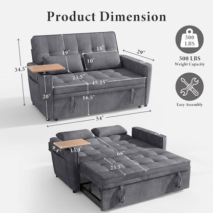 54'' Convertible Sleeper Sofa Bed with Swivel Side Table, Chenille Pull Out Couch for Living Room, Loveseat Sleeper Couch with Side Pocket | Charging Port | Cup Holder, Dark Grey2