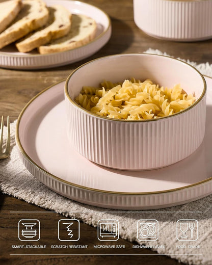 Plates and Bowls Set with Rim, Stoneware Dinnerware Sets for 44