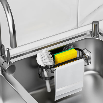Kitchen Sink Caddy Sponge Holder in the Sink, Stainless Steel Kitchen Sink Organizer, Brush Holder, Dish Cloth Hanger, Sink Stopper Holder (Suction Cup-Black)6