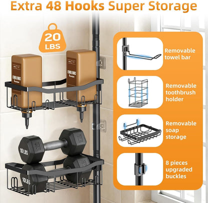 Shower Caddy Corner, 6 Tier Tension Pole Rod Bathroom Organizer Shelves, Adjustable Bathtub Shampoo Stand Rack with Towel Rack 2 Holders for inside Shower Storage, 47-122 Inch, Black3