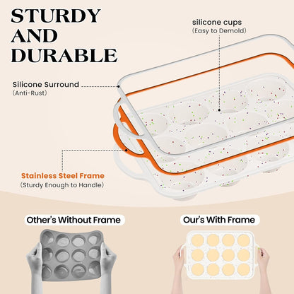 2 Pcs Silicone Muffin Pans for Baking, Cream | Regular 12 Cup and Mini 24 Cup, with Metal Reinforced Frame, Silicone Cupcake Mold, BPA Free3