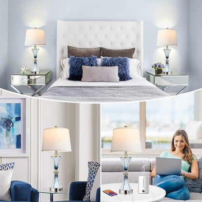 3-Way Dimmable Touch Glass Table Lamps for Bedrooms with 2 USB Ports Set of 2 Coastal Beach Bedside Lamps for Contemporary Modern Night Stand Lamps with 2 LED Bulbs for Lighting Decor4