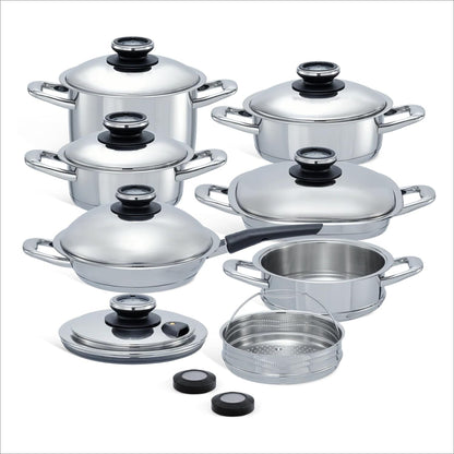 A by AMC - Foundation+ Stainless Steel Cookware Set - 11" Fry Pan + 3.7 Qt Rondeau + 6.9 Qt Stock Pot + 12.6" Grill Pan + 2.4 Qt Saucepan+Steam Lid + Steamer Basket & Stackable+2 Cooking Assistants1