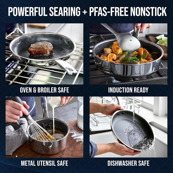 Hybrid 12 Piece Stainless Steel Nonstick Cookware Set | Pfas-Free Ceramic Nonstick Pots & Pans, Diamond Bond, Induction & All Cooktop Ready, Dishwasher and Oven Safe, Glass Lids4