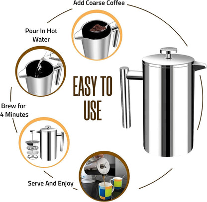 304 Grade Stainless Steel French Press 34 Oz, Silver | Double Wall Insulated Coffee Press with 4-Level Filtration System, Include 2 Extra Filters, Rust-Free, Dishwasher Safe3
