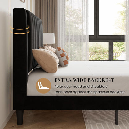 Twin Bed Frame/Velvet Upholstered Platform Bed Frame with Headboard/Strong Wood Slats Support/Mattress Foundation/No Box Spring Needed - Black6