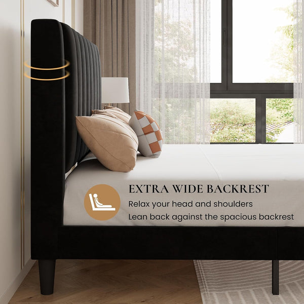 Twin Bed Frame/Velvet Upholstered Platform Bed Frame with Headboard/Strong Wood Slats Support/Mattress Foundation/No Box Spring Needed - Black6