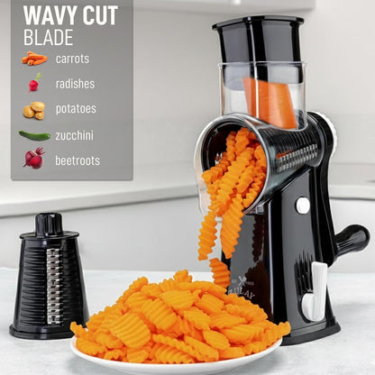 Rotary Cheese Grater 5 Blade Cheese Shredder - Manual Hand Crank Cheese Grater with Reinforced Suction & 5 Interchangeable Drums - Easy to Use, Vegetable Chopper round Mandoline Slicer4