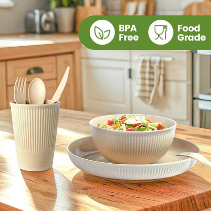 36-Piece Reusable Wheat Straw Dinnerware Sets for 6,  Unbreakable Reusable Set Kitchen Cups, Plates, Bowls Sets & Cultery Dishwasher Microwave Safe - Patio, Outdoors, RV, Camping Dishes5