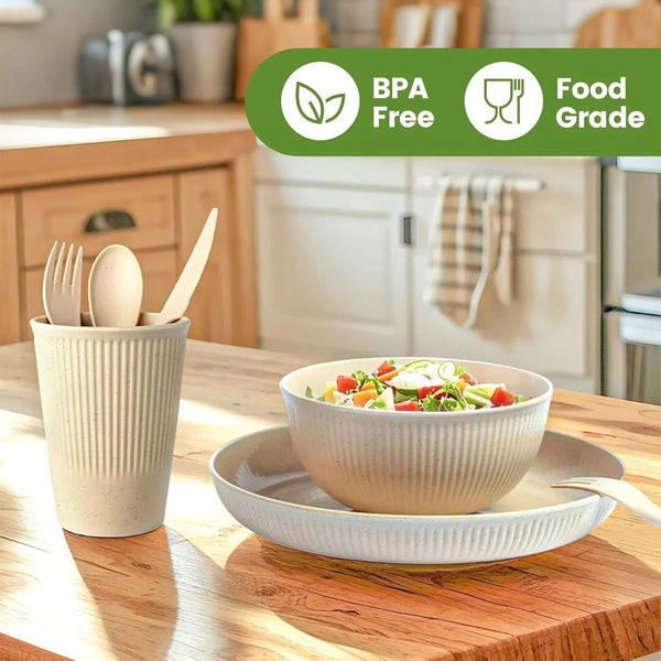 36-Piece Reusable Wheat Straw Dinnerware Sets for 6,  Unbreakable Reusable Set Kitchen Cups, Plates, Bowls Sets & Cultery Dishwasher Microwave Safe - Patio, Outdoors, RV, Camping Dishes5