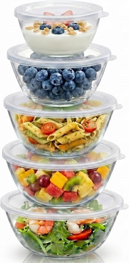 Glass Mixing Bowls with Lids Set of 5(4.7QT, 2.9QT, 2.2QT, 1.1QT, 0.53QT), Thick Glass Large Salad Bowls, Space-Saving Nesting Bowls for Kitchen Baking, Prepping, Cooking, Dishwasher, Microwave Safe8