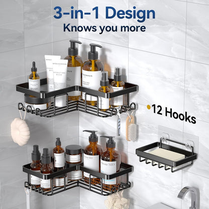 Corner Adhesive Shower Caddy, with Soap Holder and 12 Hooks, Rustproof Stainless Steel Bathroom Organizer, No Drilling Wall Mounted Rack, Black, 3-Pack6
