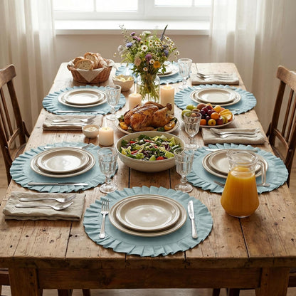 4 Pcs 100% Cotton Ruffled round Placemats, 14.5 Inch Washable Table Mats4