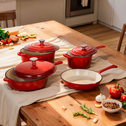 Enameled Cast Iron Cookware Set, 7 Piece Induction Dutch Oven Set with Lid, Red Pots and Pans Set Nonstick, PFOA&PFAS Free9