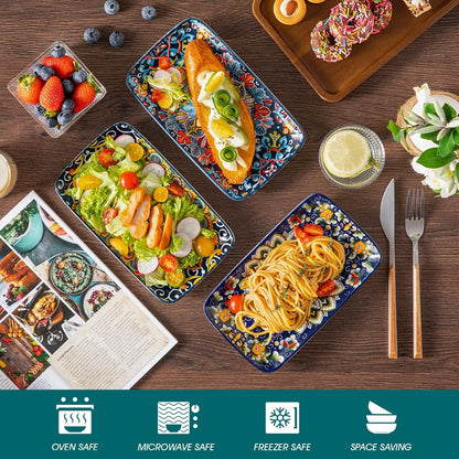 Simi 6-Piece Rectangular Ceramic Plates Set, 8.5" X 5.1" Small Dessert & Sushi Plates, Bohemian Appetizer Serving Plates, Microwave & Oven Safe Porcelain Plates5
