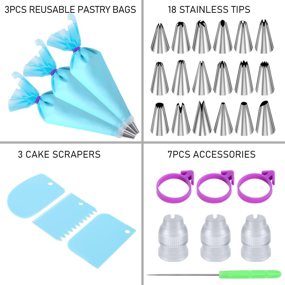 piping-bags-and-tips-set-cakes-decorating-kit-reusable-pastry-bags-3-reusable-pastry-bags-18-frosting-tips-3-couplers-3-bag-ties-3-cake-scraper-1-cake-decorating-tools-for-cookie-icing