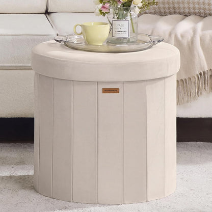 SONGMICS Mazie Collection - round Storage Ottoman, Folding Footrest Stool with Removable Lid, Easy Assembly, Velvet Vanity Stool for Bedroom, Living Room, Entryway, Cappuccino Beige ULSF608L011