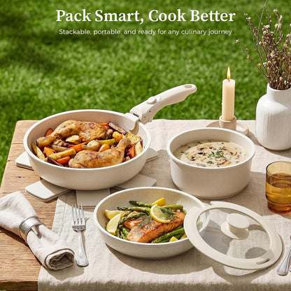 9Pcs Granite Nonstick Pots and Pans Set, Oven Safe, Stackable | Induction Compatible, Non-Toxic Cookware Set with Detachable Handle for Rvs, Camping, Pfos/Pfoa-Free9