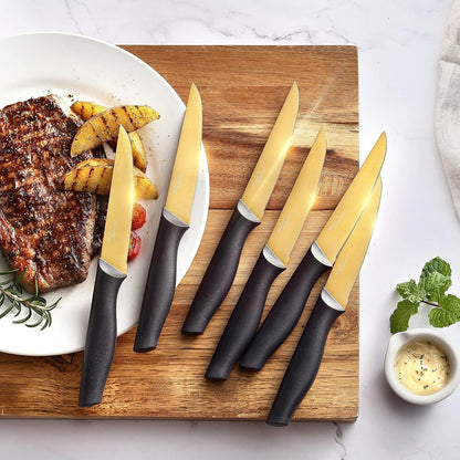 ® Gold Knife Set with Block KYA23, 14 Pieces Stainless Steel Chef Cutlery Knives Set for Kitchen with Acrylic Stand | Gold Color Stainless Steel,Knives Set W Acrylic Stand,Razor Sharp,Non-Stick&Anti-Rust,Ergonomic Handle,Full Tang,Gift Box5
