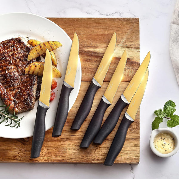 ® Gold Knife Set with Block KYA23, 14 Pieces Stainless Steel Chef Cutlery Knives Set for Kitchen with Acrylic Stand | Gold Color Stainless Steel,Knives Set W Acrylic Stand,Razor Sharp,Non-Stick&Anti-Rust,Ergonomic Handle,Full Tang,Gift Box5