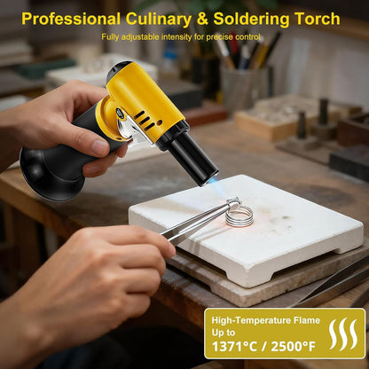 Butane Torch with Fuel Gauge T907, One-Hand Operation Kitchen Torch Lighter with Adjustable Flame for BBQ, Baking, Brulee Creme, Crafts and Soldering(Butane Gas Not Included) | Safety Stopper，2500°F Adjustable Continuous Flame Mode，One-Hand Operation, Easy to Light，Extended Nozzle(Butane Not Included)4