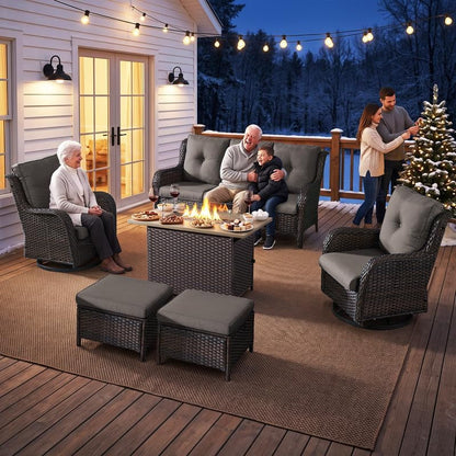 4 Pieces Brown Wicker Patio Furniture Set with Fire Pit, Swivel Chairs Grey8