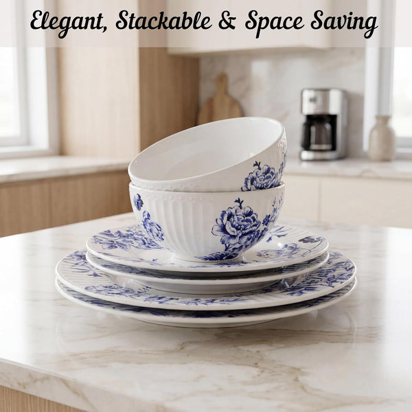 12-Piece Porcelain Dinnerware Set for 4, White & Blue Plates and Bowls Set, Glossy Ceramic Dish Set with Embossed Toile Pattern, Elegant Kitchen Dishes, Microwave & Dishwasher Safe, Cassian8