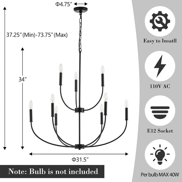 9-Light Black Chandelier for Entryway, Modern Farmhouse Dining Room Light Fixture, Industrial Candle Pendant Light for Foyer Stairway Living Room4