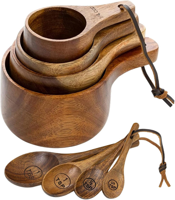 Wooden Measuring Cups and Spoons Set - Eco-Friendly Solid Acacia Wood, Laser Engraved Measurements, Perfect for Baking & Cooking - Ideal for Bakers, Chefs & Home Cooks（Brown）1