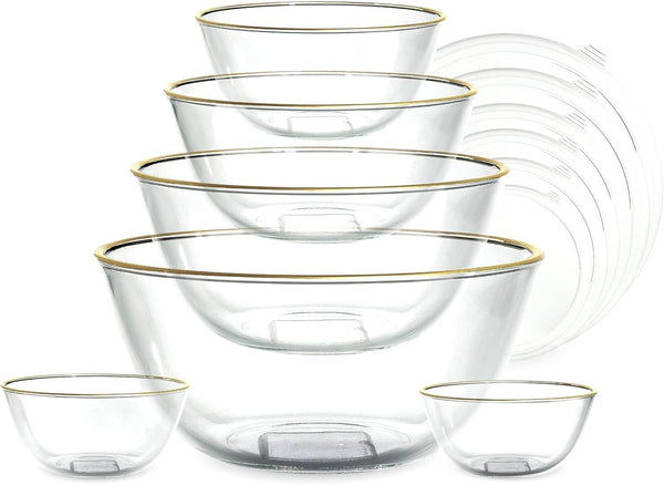12 Pc Glass Mixing Bowl Set with Lids – Borosilicate Glass Nesting Bowls for Cooking, Baking and Meal Prep, Gold Rim1