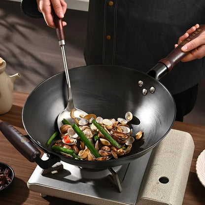 13 Inch Black Cast Iron Wok Pan round Bottom with Wooden Handle, Use on Gas Stove, Campfire Open Fire Stir-Fry, Physical Non Stick6