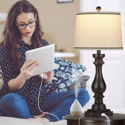 Table Lamps for Living Room,Vintage Bedside Nightstand Bedroom Lamp,Single | USB C+A Ports & AC Outlet,3-Way Dimmable Touch Control,Black,Farmhouse,Retro,29" Tall3