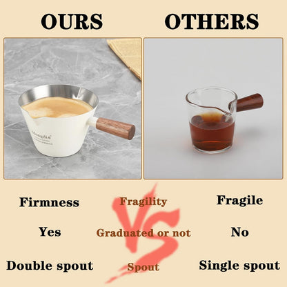 Espresso Measuring Cup, Stainless Steel Espresso Shot Cups with Wooden Handle and Double Spouts, 6.8OZ/200ML, White3