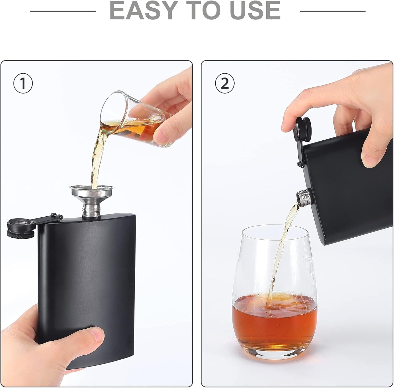 romorc-2-pack-hip-flasks-for-liquor-matte-black-8-oz-stainless-steel-leak-proof-thin-flasks-with-2pcs-funnels-and-cups-for-wedding-party-groomsman-bridesmaid-gift-black