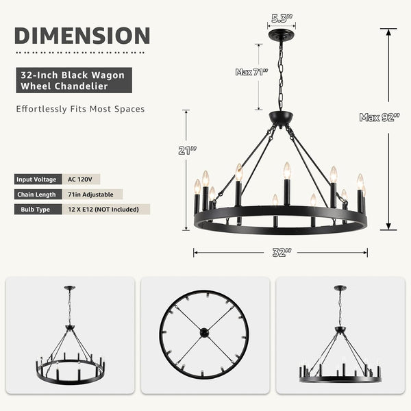 Wagon Wheel Chandelier 32" 12-Light Black Modern Farmhouse Chandeliers3