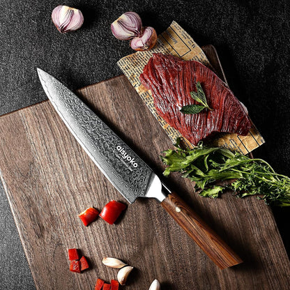 Damascus Chef Knife 8-Inch Sharp Kitchen Knife Japan VG-10 Stainless Steel Ergonomic Color Wooden Handle Luxury Gift Box - with Scabbard5