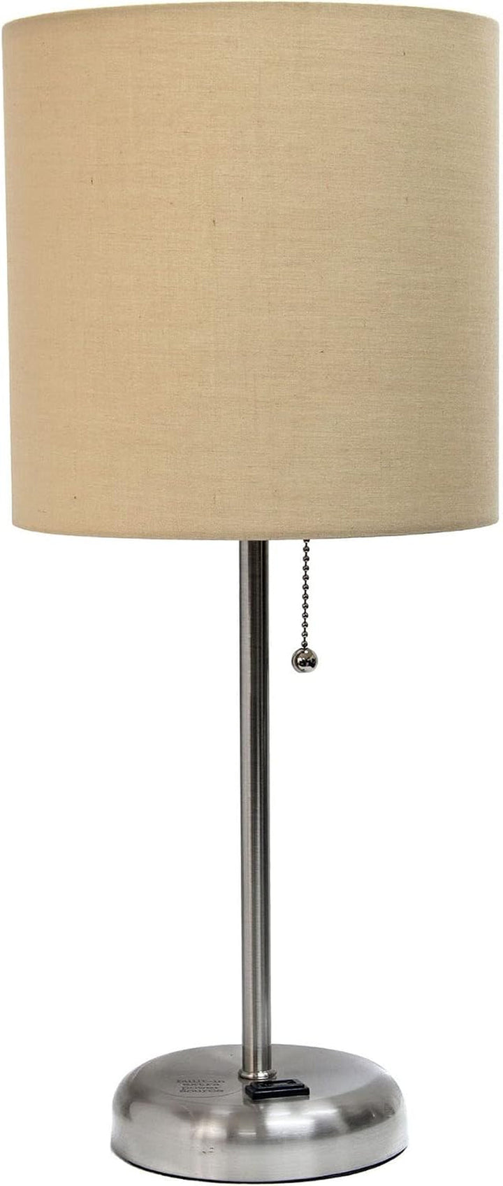 Oslo 19.5" Contemporary Bedside Power Outlet Base Standard Metal Table Desk Lamp in Brushed Steel with Tan Drum Fabric Shade