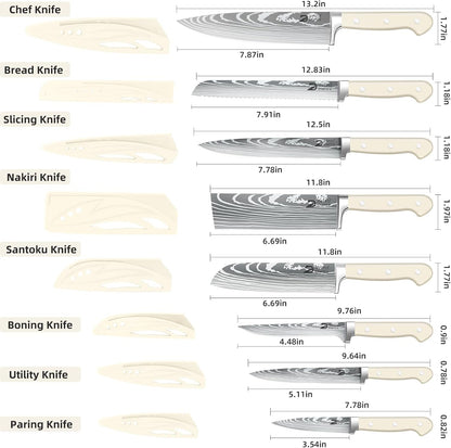 Chef Knife Sets with Roll Bag, Sharp Kitchen Knife Set with Sharpener | High Carbon Stainless Steel 9PCS Chef Knives Sets with Anti-Slip Ergonomic Handle for Camping, Travel, BBQ, RV or Gift, Beige2